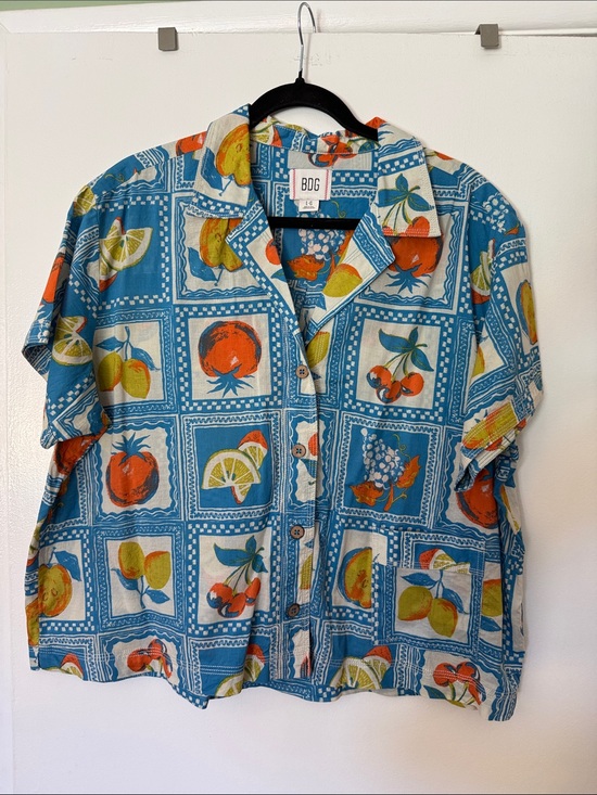 BDG Tops - BDG Blue Fruit Patchwork Button Up Shirt